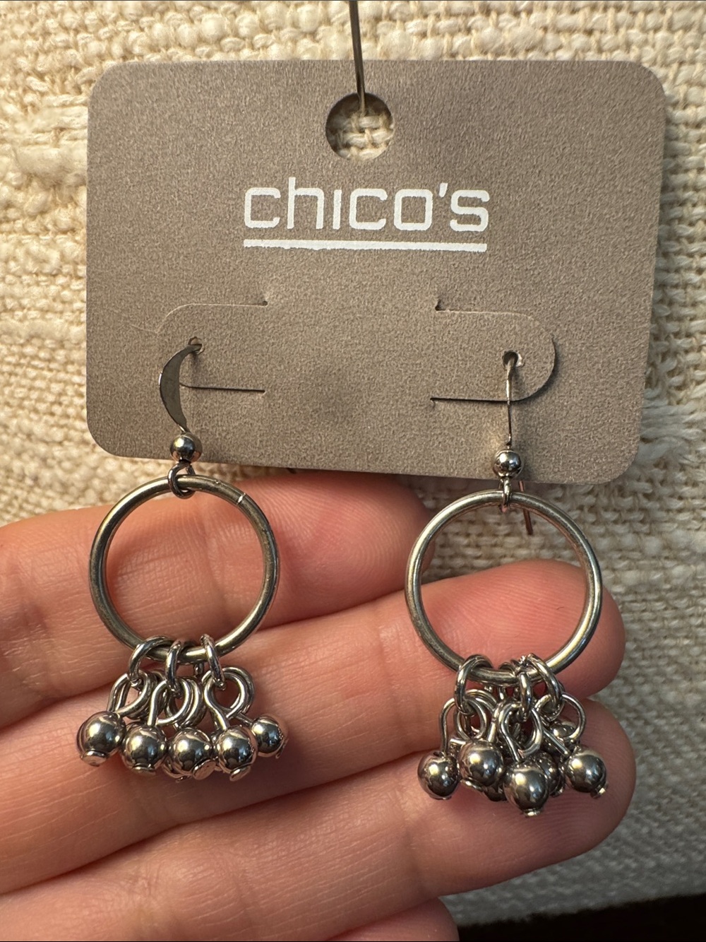 0117-Chico's Silver Hoop Earrings with Dangling Bead Clusters